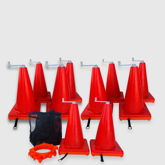 Team Pack: 10 orange EZCones training cones with built-in 40-yard tape and 4 EZMarkers, shown with carry bag.
