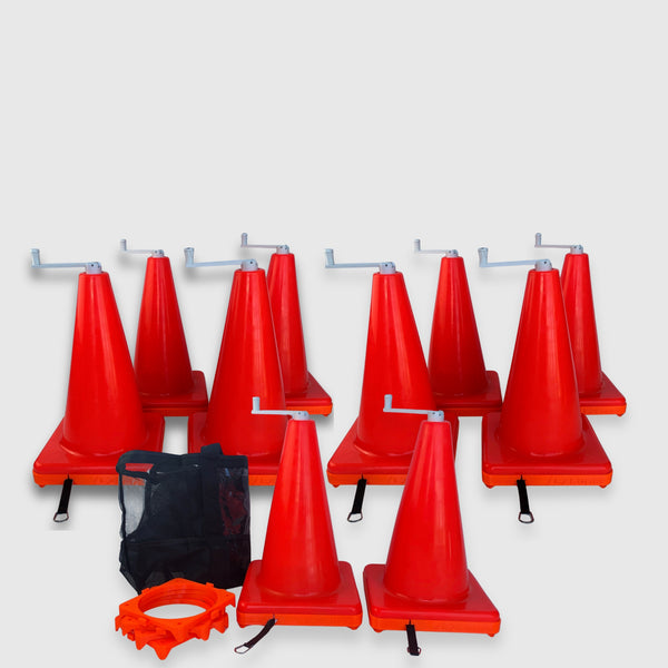 Team Pack: 10 orange EZCones training cones with built-in 40-yard tape and 4 EZMarkers, shown with carry bag.